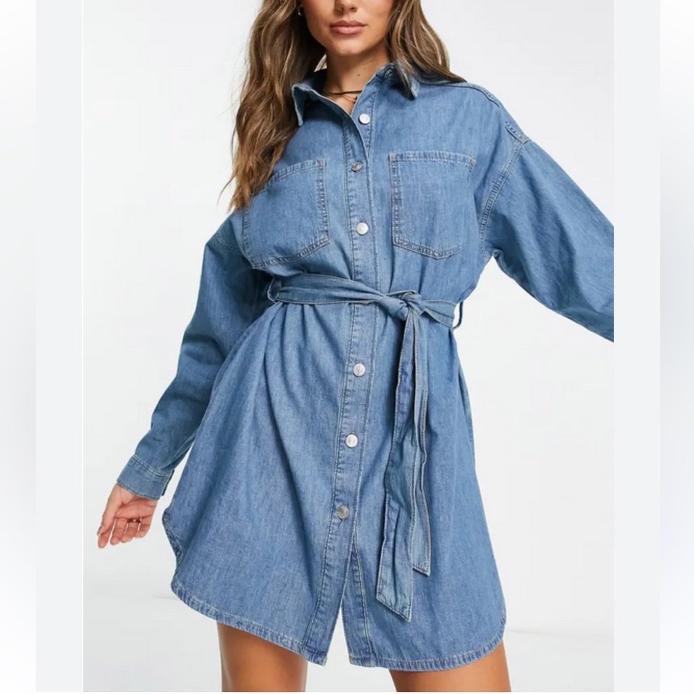 Asos long sleeve belted denim shirt dress button down tunic size 2 small…